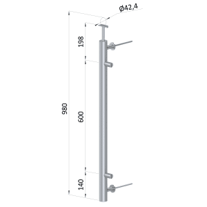 Nerezový sloup, boční kotvení, výplň: plech, pravý, vrch pevný, (ø42.4x2 mm), broušená nerez K320 /AISI304