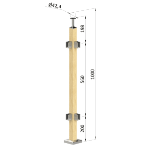Dřevěný sloup, vrchní kotvení, výplň: sklo, rohový: 90°, vrch pevný (40x40mm), materiál: buk, broušený povrch s nátěrem BORI (bezbarvý)