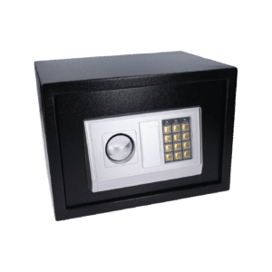 Nábytkový elektronický trezor (350x250x250mm), tloušťka: dveří 3mm, tělo 1mm, vnitřní rozměry 245x185x245mm, barva: černá, balení obsahuje 4x baterie a kotvy do stěny