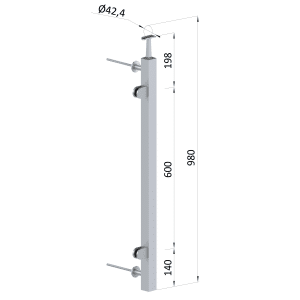 Nerezový sloup, boční kotvení, výplň: sklo, levý, vrch pevný, (40x40x2.0 mm), brousená nerez K320 /AISI304