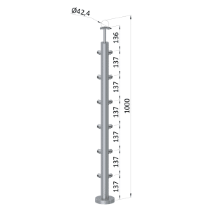Nerezový sloup, vrchní kotvení, 6 řadový rohový: 90°, vrch pevný (ø 42.4x2mm), broušená nerez K320 /AISI316