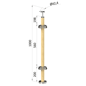 Dřevěný sloup, vrchní kotvení, výplň: sklo, rohový: 90°, vrch pevný (ø 42mm), materiál: buk, broušený povrch bez nátěru