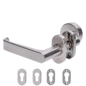 Klika (levá) + koule oválná (pevná), vyhnutá včetně dolní rozety, balení: 1ks klika (levá), 1ks koule oválná, 2ks dolní oválná rozeta, broušená nerez AISI304