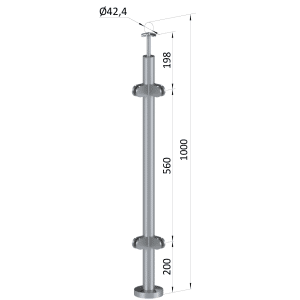 Nerezový sloup, vrchní kotvení, výplň: sklo, rohový: 90°, vrch pevný (ø 42,4x2 mm), leštěná nerez / AISI304