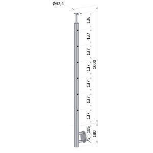 Nerezový sloup, boční kotvení, 6 děrový průchodný, vrch pevný (ø42,4x2 mm), broušená nerez K320 / AISI304