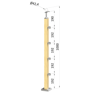 Dřevěný sloup, vrchní kotvení, 4 řadový, průchozí, vrch pevný (40x40mm), materiál: buk, broušený povrch bez nátěru