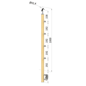 Dřevěný sloup, boční kotvení, 4 řadový, průchozí, vnitřní, vrch nastavitelný (ø 42mm), materiál: buk, broušený povrch s nátěrem BORI (bezbarvý)