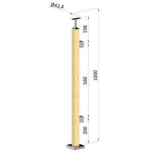 Dřevěný sloup, vrchní kotvení, výplň: sklo, pravý, vrch pevný (40x40mm), materiál: buk, broušený povrch bez nátěru