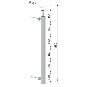 Nerezový sloup na francouzský balkón, boční kotvení, 5 dírový, levý, vrch pevný, (40x40x2.0 mm), broušená nerez K320 /AISI304