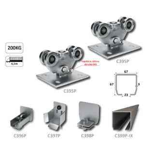PICCOLO-Kombinovaný (Nerez/Pozink) samonosný systém 67x67x3mm pro posuvné brány do 200kg/4,5m otvor (C399P-IX 1x6m nerezový profil, C395P 2ks, C397P 1ks, C396P 1ks, C398P 1ks)