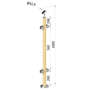 Dřevěný sloup, vrchní kotvení, výplň: sklo, průchozí, vrch nastavit. (ø 42mm), materiál: buk, broušený povrch bez nátěru