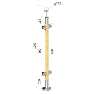 Dřevěný sloup, vrchní kotvení, výplň: sklo, průchozí, vrch pevný (ø 42mm), materiál: buk, broušený povrch bez nátěru