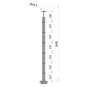 Nerezový sloup, vrchní kotvení, 6 děrový rohový: 90°, vrch pevný (ø 42,4x2 mm), leštěná nerez / AISI304