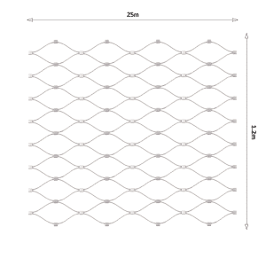 Nerezová lanková síť, 1,2m x 25m (šxd), oko 60x104 mm, tloušťka lanka 2mm, AISI316 (V nerozloženém stavu má síť 29,8m)