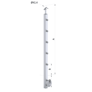 Nerezový sloup, boční kotvení, 5 řadový průchodný, vnitřní, vrch nastavitelný, (40x40 mm), broušená nerez K320 / AISI304