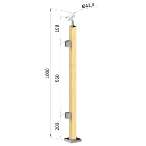 Dřevěný sloup, vrchní kotvení, výplň: sklo, levý, vrch nastavitelný (40x40mm), materiál: buk, broušený povrch s nátěrem BORI (bezbarvý)
