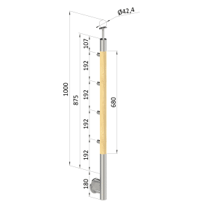 Dřevěný sloup, boční kotvení, 4 řadový, průchozí, vnitřní, vrch pevný (ø 42mm), materiál: buk, broušený povrch bez nátěru