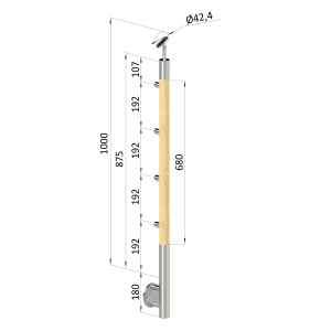 Dřevěný sloup, boční kotvení, 4 řadový, průchozí, vnitřní, vrch nastavitelný (ø 42mm), materiál: buk, broušený povrch s nátěrem BORI (bezbarvý)