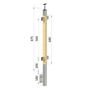 Dřevěný sloup, boční kotvení, výplň: sklo, průchozí, vrch pevný (40x40mm), materiál: buk, broušený povrch bez nátěru