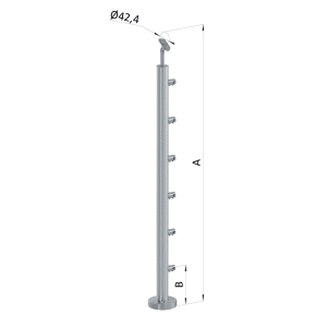 Nerezový sloup, vrchní kotvení, 6 řadový průchodný, vrch nastavitelný (ø 42,4x2 mm), broušená nerez K320 / AISI316