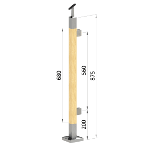 Dřevěný sloup, vrchní kotvení, výplň: sklo, pravý, vrch nastavitelný (40x40mm), materiál: buk, broušený povrch s nátěrem BORI (bezbarvý)