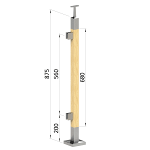 Dřevěný sloup, vrchní kotvení, výplň: sklo, levý, vrch pevný (40x40 mm), materiál: buk, broušený povrch bez nátěru