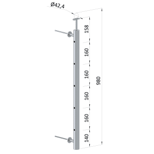 Nerezový sloup na francouzsky balkón, boční kotvení, 5 dírový, levý, vrch pevný, (ø 42.4x2 mm), broušená nerez K320 /AISI304