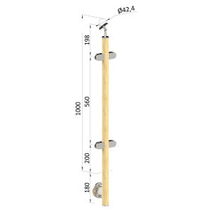 Dřevěný sloup, boční kotvení, výplň: sklo, průchozí, vrch nastavit. (ø 42mm), materiál: buk, broušený povrch s nátěrem BORI (bezbarvý)