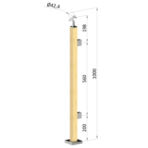 Dřevěný sloup, vrchní kotvení, výplň: sklo, pravý, vrch nastavitelný (40x40mm), materiál: buk, broušený povrch bez nátěru
