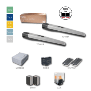 TO4024BDKCE sada pro dvoukřídlou bránu do 3 m / křídlo, 2x TO4024 (24 V, 120 W, 1800 N), 1x MC824H, 2x ON3EBD, 1x OXIBD, 1 pár EPMB, 1x ELDC