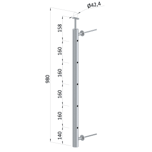 Nerezový sloup na francouzsky balkón, boční kotvení, 5 dírový, pravý, vrch pevný, (ø 42.4x2 mm), broušená nerez K320 /AISI304