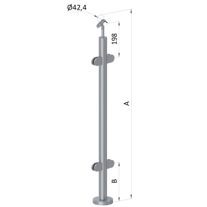 Nerezový sloup, vrchní kotvení, výplň: sklo, průchozí, vrch nastavitelný (ø 42,4x2 mm), broušená nerez K320 / AISI304