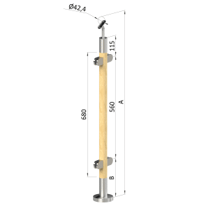 Dřevěný sloup, vrchní kotvení, výplň: sklo, průchozí, vrch nastavitelný (ø 42mm), materiál: buk, broušený povrch bez nátěru