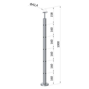 Nerezový sloup, vrchní kotvení, 5 děrový, rohový: 90°, vrch pevný, (ø42,4x2 mm), broušená nerez K320 / AISI304