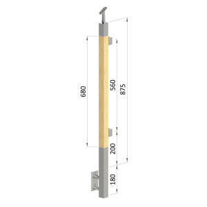 Dřevěný sloup, boční kotvení, výplň: sklo, levý, vrch nastavitelný (40x40mm), materiál: buk, broušený povrch s nátěrem BORI (bezbarvý)