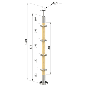 Dřevěný sloup, vrchní kotvení, 4 řadový, průchozí, rohový: 90°, vrch pevný (ø 42mm), materiál: buk, broušený povrch bez nátěru