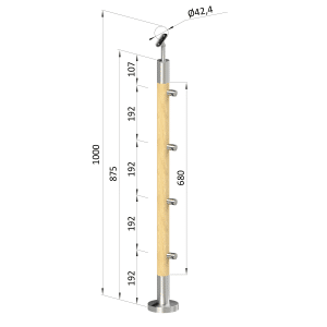 Dřevěný sloup, vrchní kotvení, 4 řadový, průchozí, vrch nastavitelný (ø 42mm), materiál: buk, broušený povrch bez nátěru