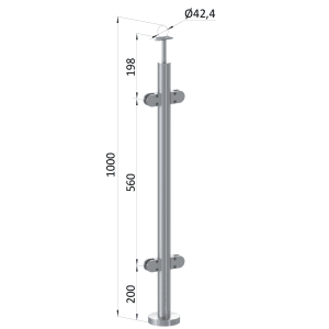 Nerezový sloup, vrchní kotvení, výplň: sklo, průchozí, vrch pevný (ø42,4x2 mm), broušená nerez K320 / AISI304