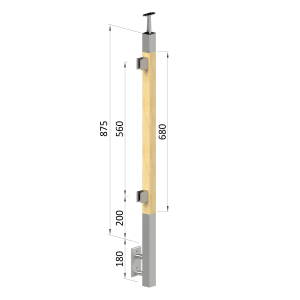 Dřevěný sloup, boční kotvení, výplň: sklo, levý, vrch pevný (40x40mm), materiál: buk, broušený povrch s nátěrem BORI (bezbarvý)