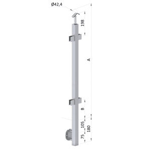 Nerezový sloup, boční kotvení, výplň: sklo, průchozí, vrch nastavitelný, (40x40 mm), broušená nerez K320 / AISI304