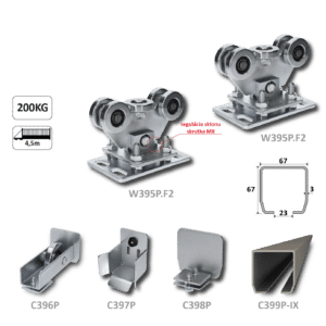PICCOLO-Kombinovaný (Nerez/Pozink) samonosný systém 67x67x3mm pro posuvné brány do 200kg/4,5m otvor (C399P-IX 1x6m nerezový profil, W395P.F2 2ks, C397P 1ks, C396P 1ks, C398P 1ks)