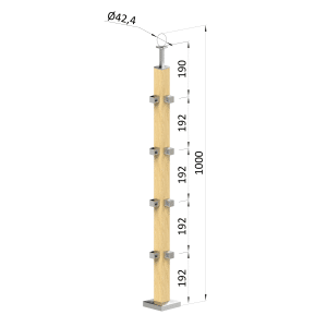 Dřevěný sloup, vrchní kotvení, 4 řadový, rohový: 90° vrch pevný (40x40 mm), materiál: buk, broušený povrch s nátěrem BORI (bezbarvý)