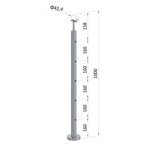 Nerezový sloup, vrchní kotvení, 5 děrový průchodný, vrch pevný (ø42,4x2 mm), broušená nerez K320 / AISI316