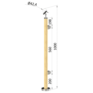 Dřevěný sloup, vrchní kotvení, výplň: sklo, pravý, vrch nastavitelný (ø 42mm), materiál: buk, broušený povrch bez nátěru