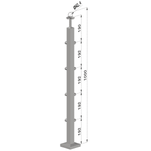 Nerezový sloup, vrchní kotvení, 4 řadový rohový, vrch pevný, (40x40 mm), broušená nerez K320 / AISI304