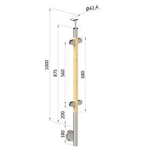 Dřevěný sloup, boční kotvení, výplň: sklo, průchozí, vrch pevný (ø 42mm), materiál: buk, broušený povrch s nátěrem BORI (bezbarvý)