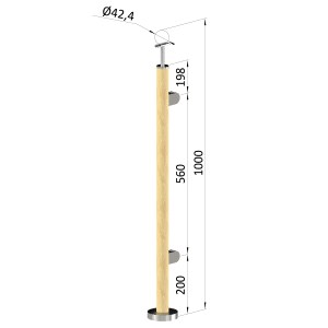 Dřevěný sloup, vrchní kotvení, výplň: sklo, pravý, vrch pevný (ø 42mm), materiál: buk, broušený povrch bez nátěru
