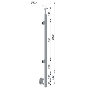 Nerezový sloup, boční kotvení, výplň: sklo, levý, vrch pevný (ø42,4x2 mm), broušená nerez K320 / AISI316