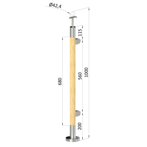 Dřevěný sloup, vrchní kotvení, výplň: sklo, pravý, vrch pevný (ø42 mm), materiál: buk, broušený povrch bez nátěru