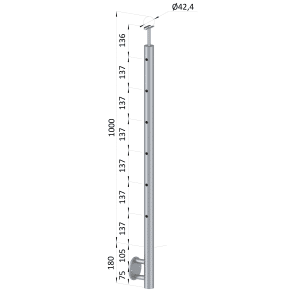 Nerezový sloup, boční kotvení, 6 děrový koncový, levý, vrch pevný (ø42,4x2 mm), broušená nerez K320 / AISI304